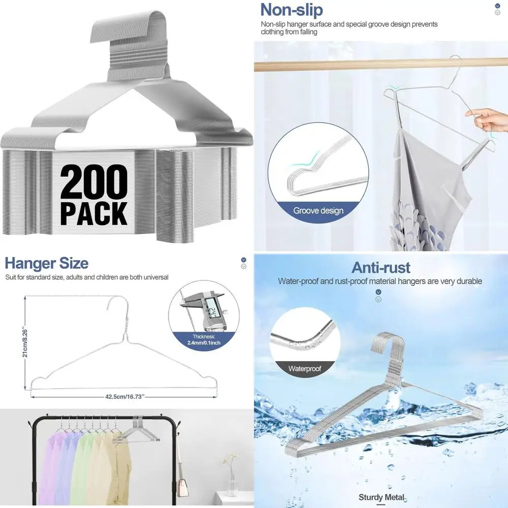 

200 Pack Metal Wire Hangers, Space-Saving, Ultra Thin, Non-Slip with Groove, 16.7 Inch, for Standard Clothing - Silver