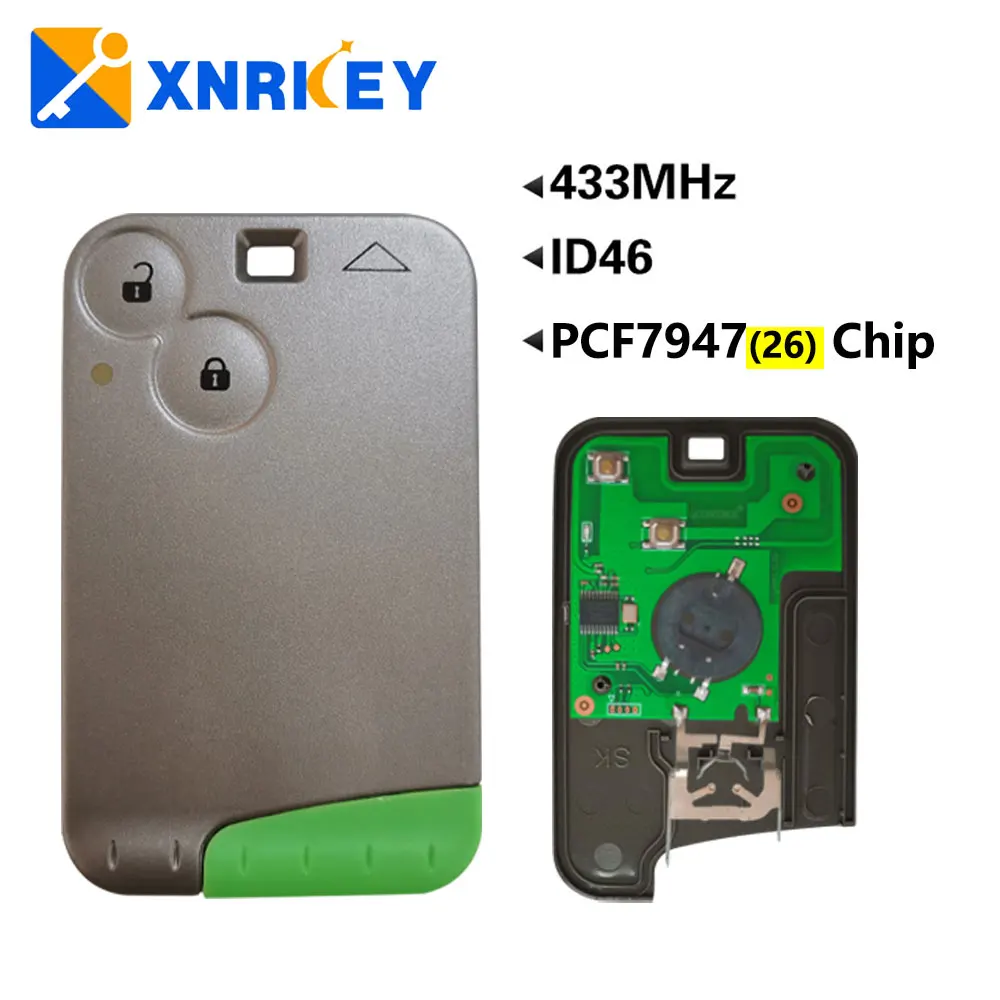 XNRKEY-llave de coche remota con 2 botones, entrada sin llave, tarjeta inteligente PCF7947/Chip ID46, 433Mhz, para Renault Laguna Espace 2001-2009