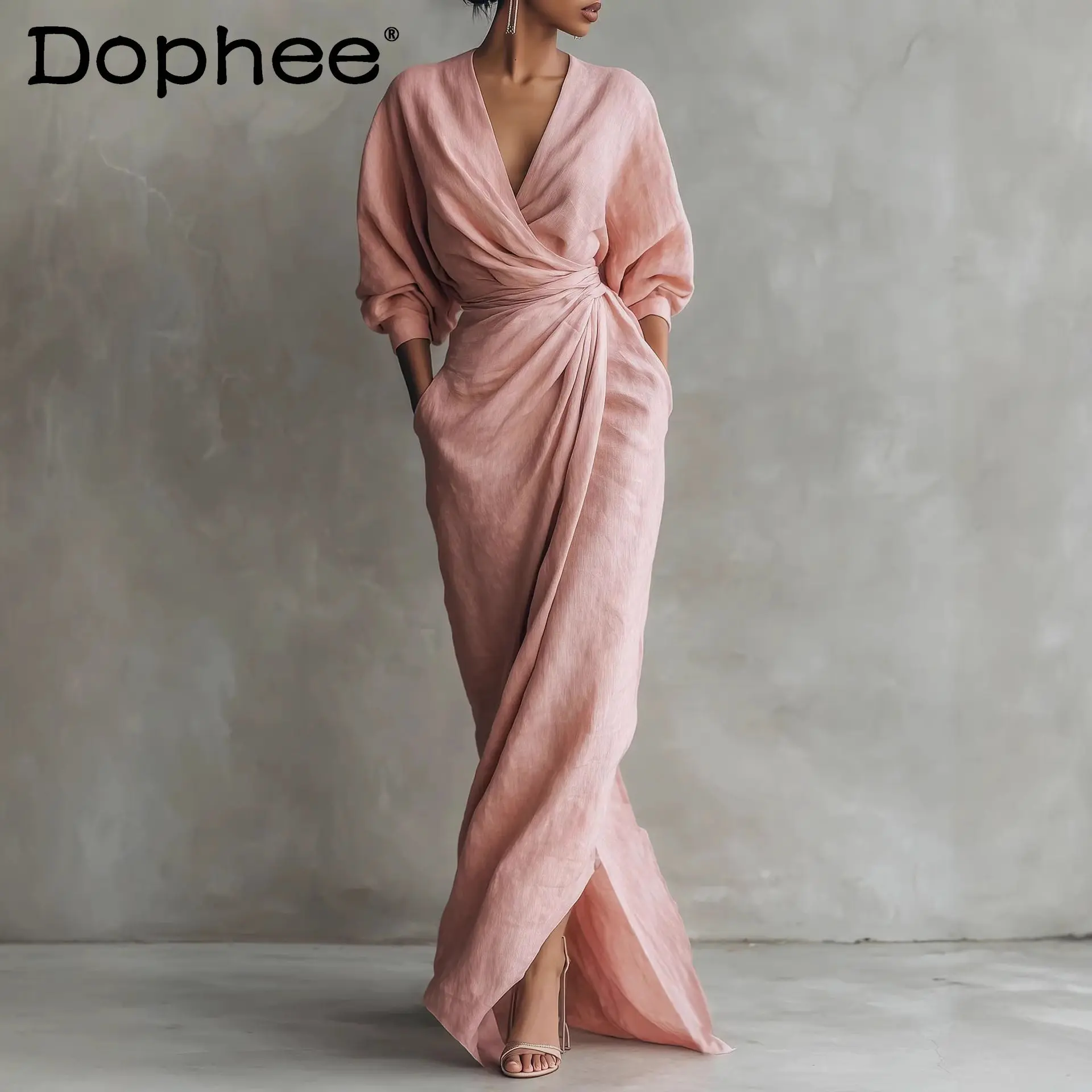 

European and American Women's Clothing V-neck Pleated Waist Simple Dress Spring New Elegant Temperament Lady Comfortable Dress