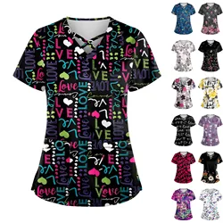 Plus Size Printed Scrub Working Uniform Tops For Women's Cross V-Neck Halloween Print Short Sleeve Fun T-Shirts Workwear Tee