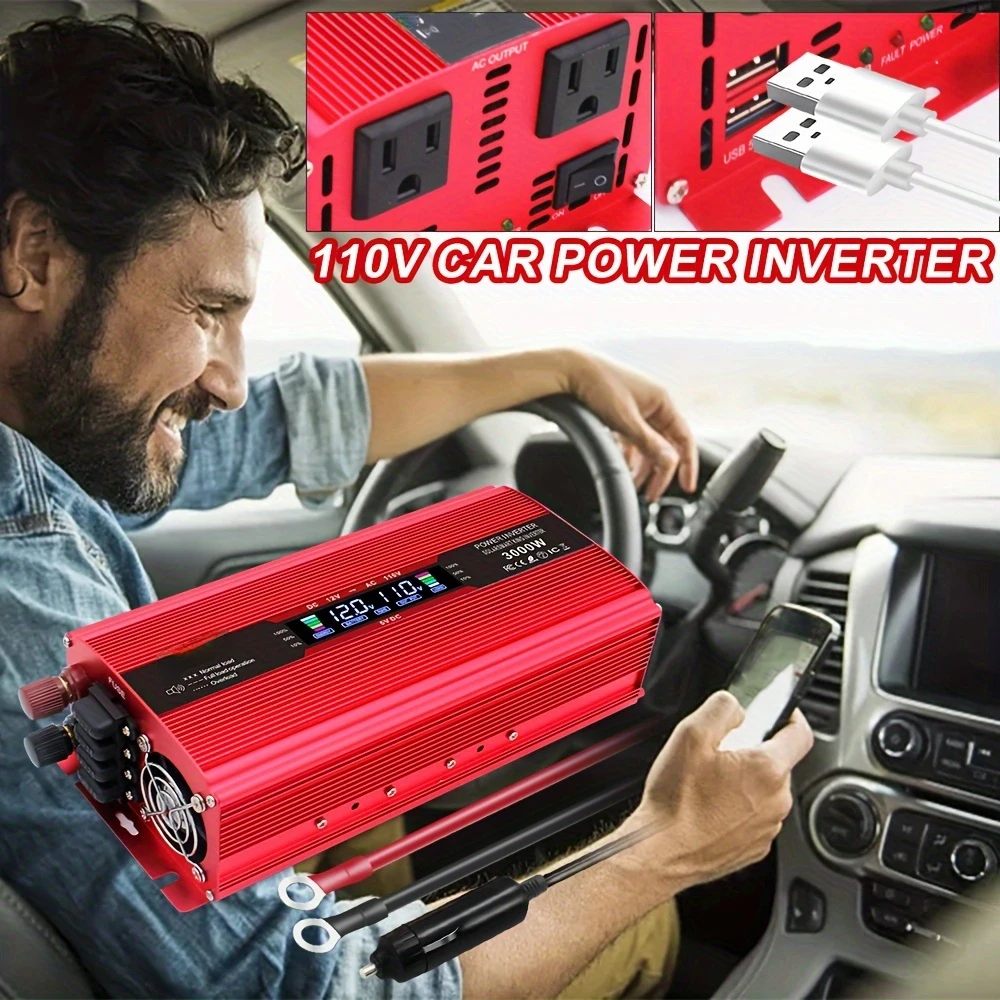 

1500W/3000W (peak) power inverter DC 12V to AC 110V car converter with two American Standard sockets, dual USB ports, suitable f