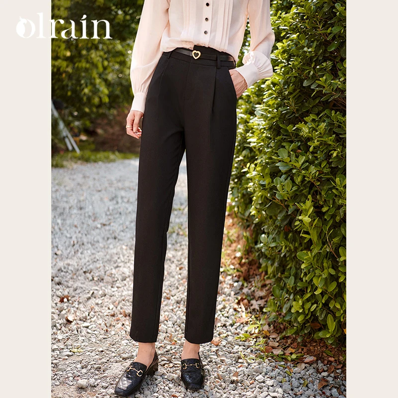 OLrain Black Tailored Pants for Women Autumn 2026 Belt High Waist Chic Slacks Casual Commute Pencil Pants Ladies M56QK53630