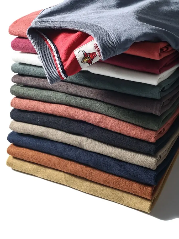 

2025 Summer New American Retro Short Sleeve O-neck Solid Color T-shirt Men's Fashion 100% Cotton Washed Casual Terry Cloth Tops