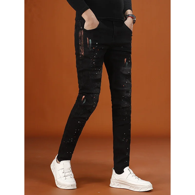 Уличные красивые мужские брюки, модный принт с краской, повседневная стрейч, маленькие ноги, ностальгические рваные джинсы в стиле ретро.