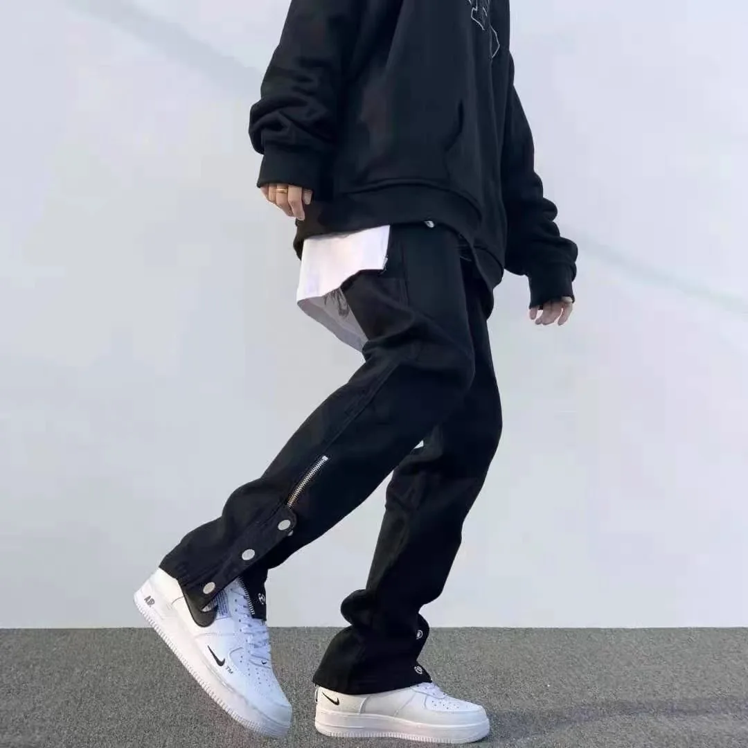 

High Street Style Men's Jeans Black Casual Wearable Button Design Trendy Couple Brand Denim Pants Youth Popular Straight Leg ...