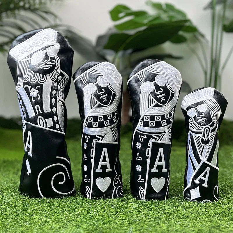 ゴルフヘッドカバー-ポーカー柄-眼鏡風デザイン-ドライバー-フェアウェイ-ハイブリッド用-高級puレザー製-耐久性・防水性に優れたゴルフギフト