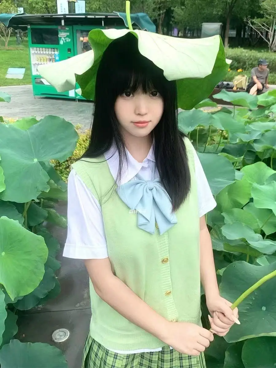 

Original Design JK Uniform Set with Cardigan Green Vest Inner Shirt School Uniform Style Qingmei Grid Skirt Set Women