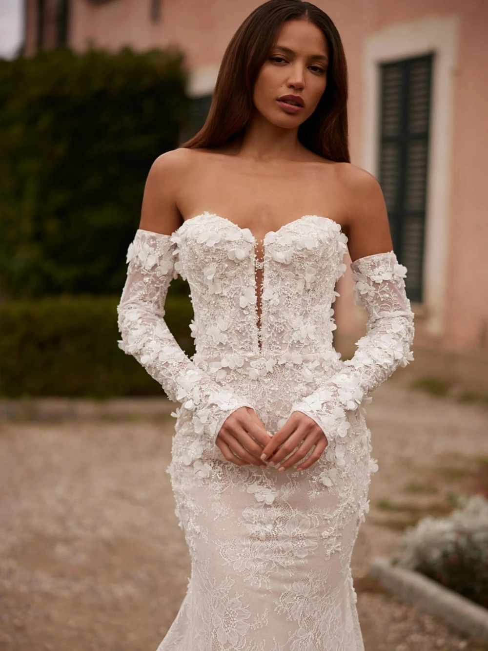 Detachable Sleeve Beaded 3D Flower Wedding Dress Dreamy Lace Mermaid Long Bridal Gown Customized Graceful Dresses For Bride