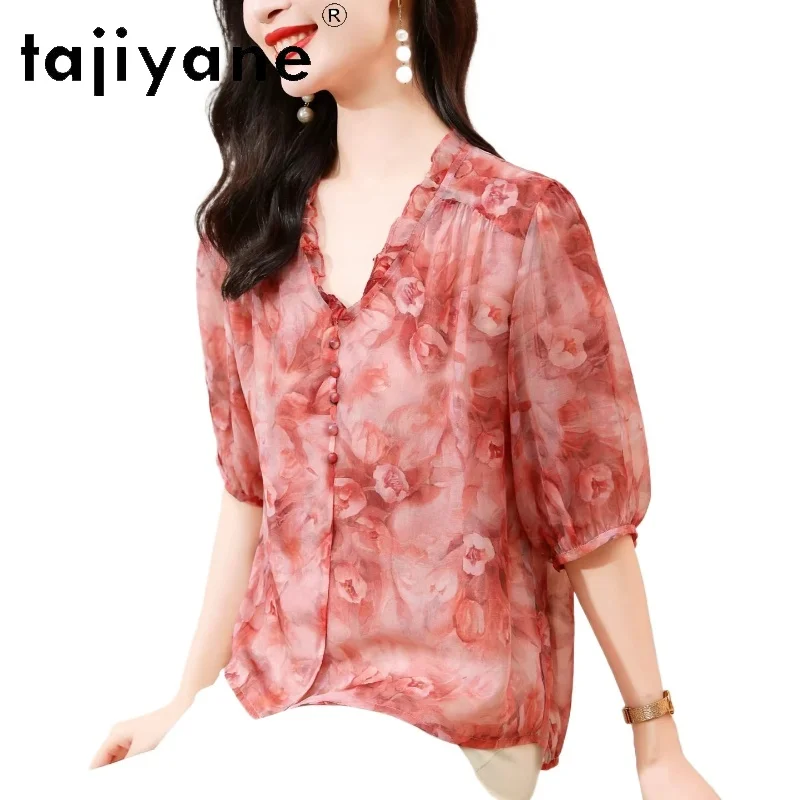 

TAJIYANE 100% шелковые рубашки из тутового шелкопряда для женщин, модные красные летние топы с цветочным принтом и V-образным вырезом, повседневные свободные блузки, женская одежда 2026