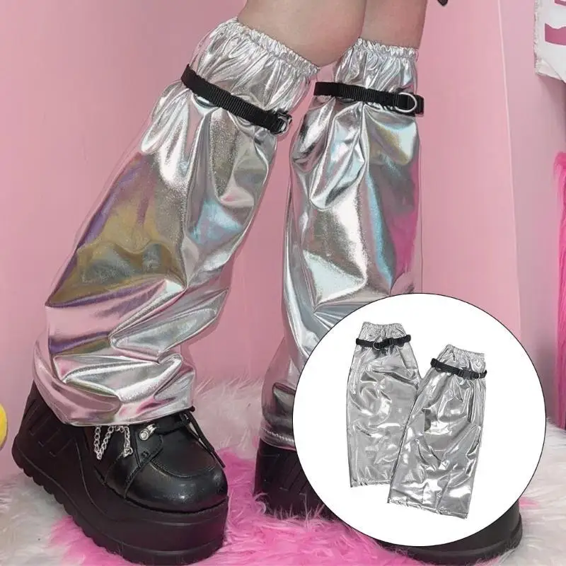 L5YC Aesthetic Vintage Metallic Shining Leg Warmer Socks for Women Harajuku Streetwear Punk Buckle Strap Leg Sleeve Cover