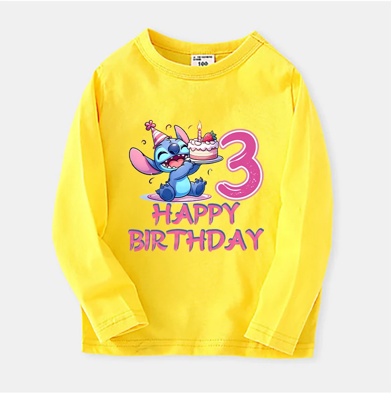 T-shirt à manches longues à col rond Disney pour filles, vêtements d'anniversaire, dessin animé mignon, point, numéro, tie aught, anime Kawaii, t-shirts en coton