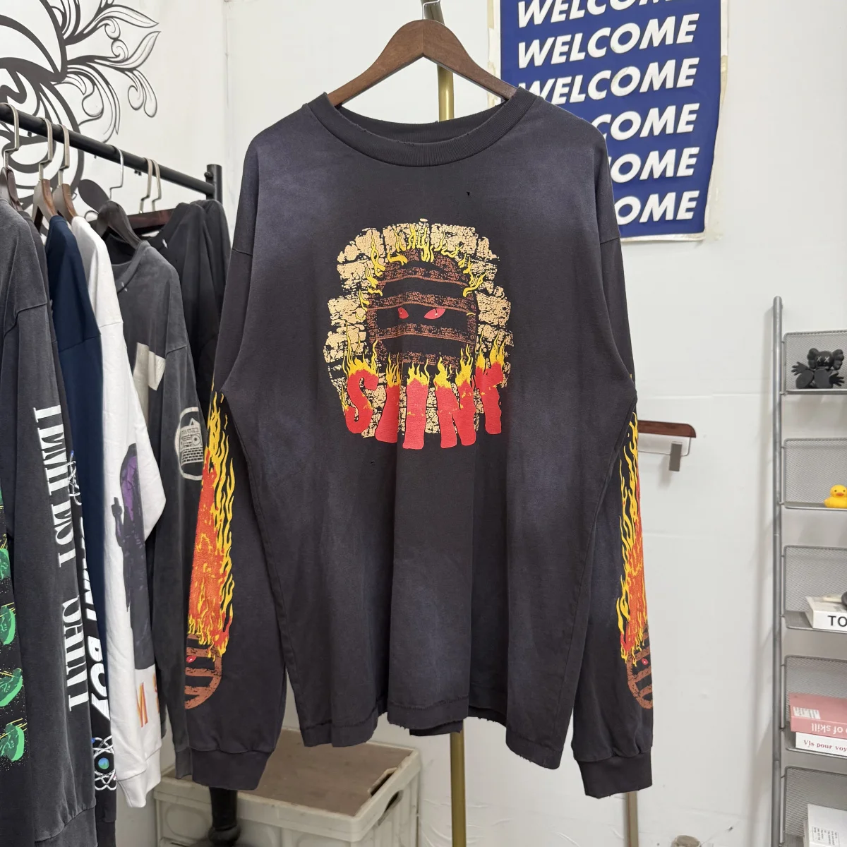 

Waed Vintage Long Sve T-irt round Ne Print Casual Loose Fit ex Cotton Polyester Flame Pattern American Trendy Brand