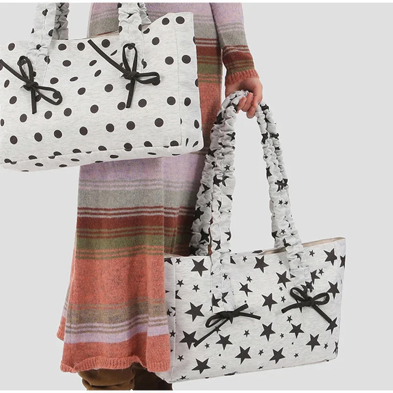 Schultertasche mit Polka-Dot-Schleife und Sternstreifen-Dekor, minimalistische, frische, lässige Nischen-Tragetasche, große Pendler-Handtasche für Damen – Detail 13