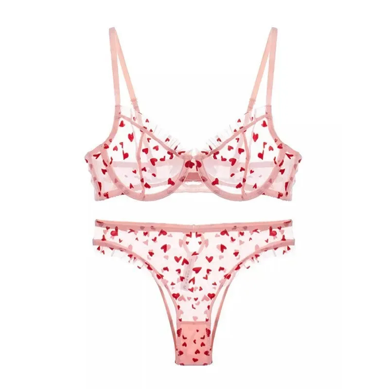 Conjunto de lencería ultrafina de encaje Sexy para mujer, sujetador con estampado en forma de corazón, conjunto de sujetador suave para mujer, conjunto de bragas y sujetador transparente