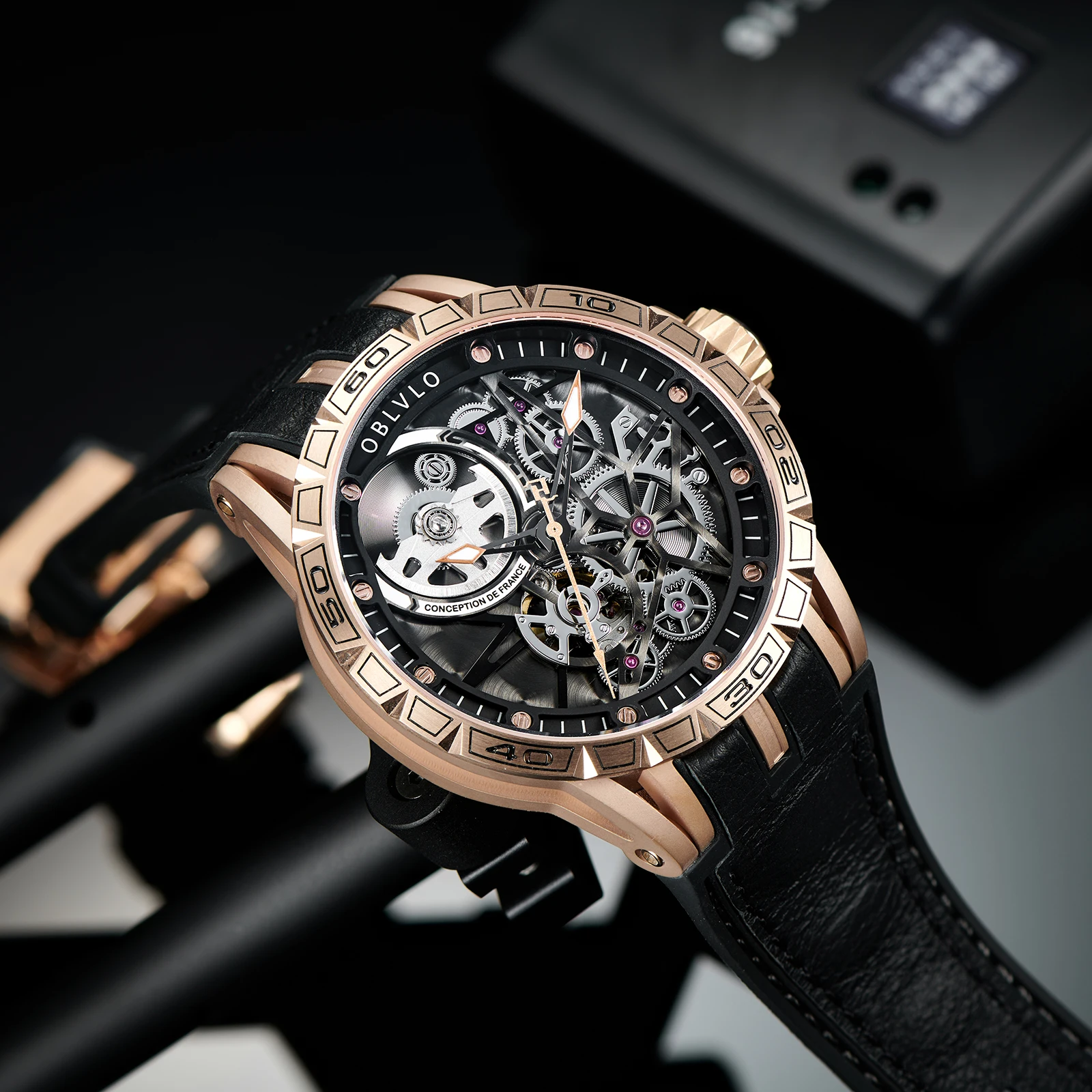 OBLVLO Top Brand New Designer Fashion Watches For Men Skeleton Dial Rose Gold  Automatic Self-Wind Watches Rubber Strap Watch LM