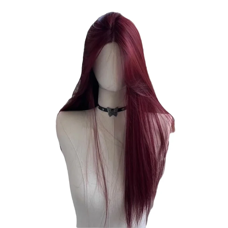 

Wig Raspberry Red Long Straight Hair Repair High Level Temperament Natural Full Headset Synthetic fiber wig