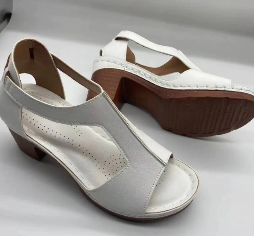 Summer Woman Sandals PU Buckle Strap Round head Shallow Comfy Soft Retro Thick heel Zapatos De Mujer Women Shoes Size 36-43