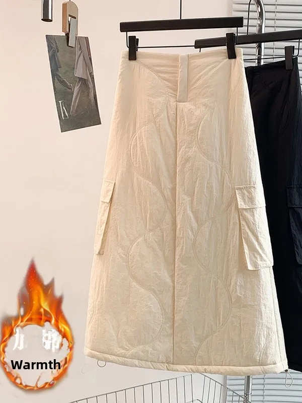 

Thickened down Cotton Half Skirt Large Size Women's Winter New Style Warm Fluffy Long Skirt Artistic Commute Style A-Line Skirt