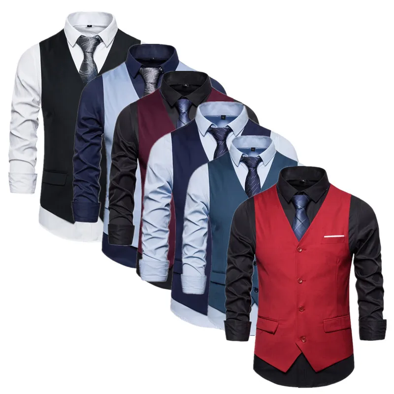 

New Men Pure Color Formal Dress Business Suit Vest Black / Grey / Red Men's Simple Slim Fit Spliced Waistcoat Size 6XL-S