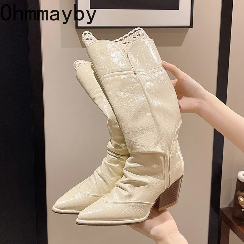Autumn Pointed Toe Women Knee High Boots Lace V Cut Western Cowboy Boots Block Heel Faux Leather Long Boots For Daily Party
