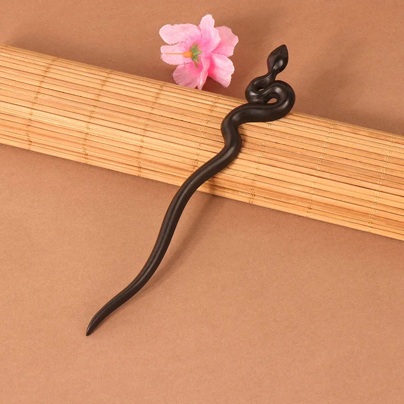New Ebony Hairpin Oriental Aesthetics Classical Chinese Style Hand Carved Snake Shaped Elongated Hairpin Simple and Coiled Hair image 6