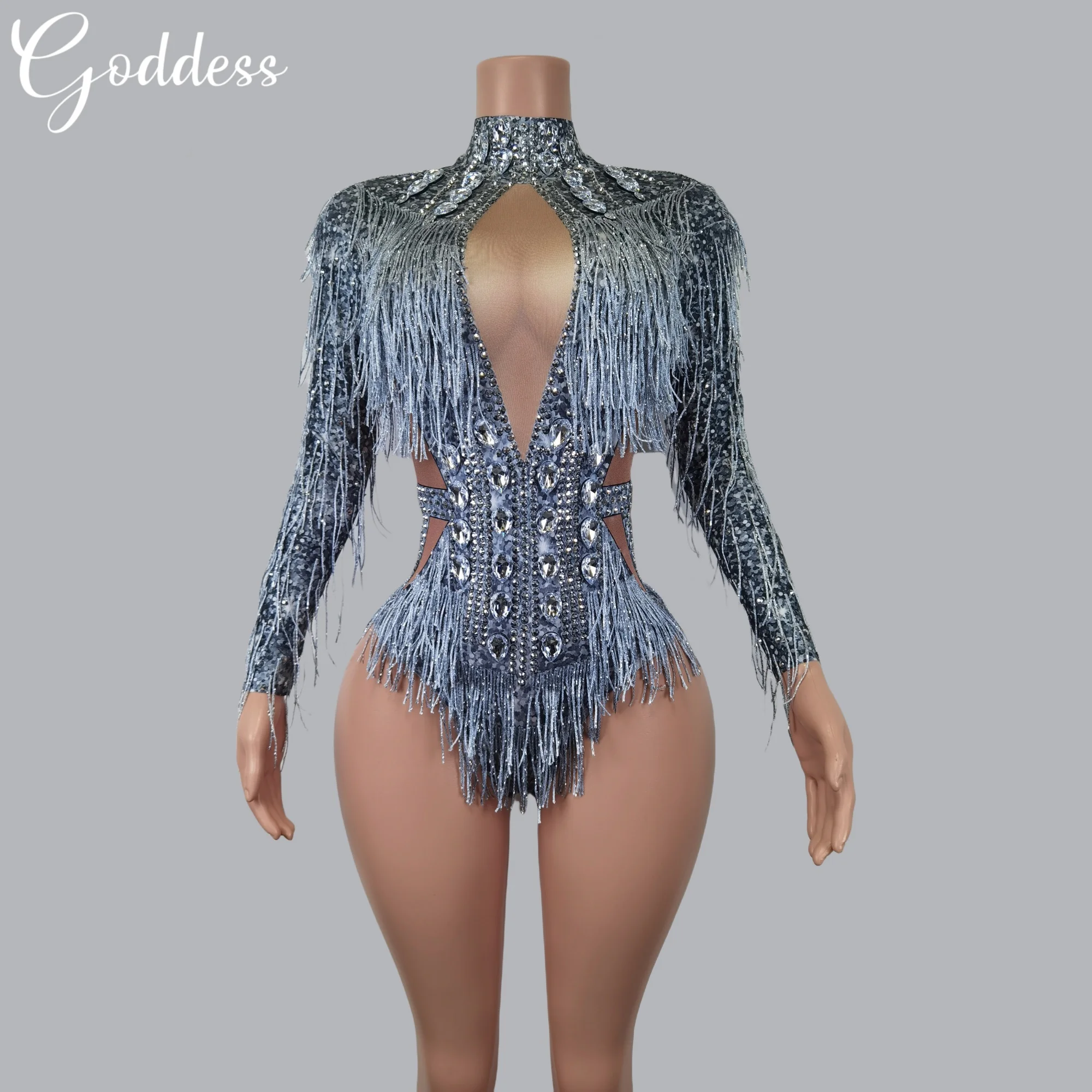 

Sexy Nightclub Stage Bodysuit Dance Team Outfits Performance Bodysuit Glittering Rhinestones Fringe Skinny Showgirl Bodysuit