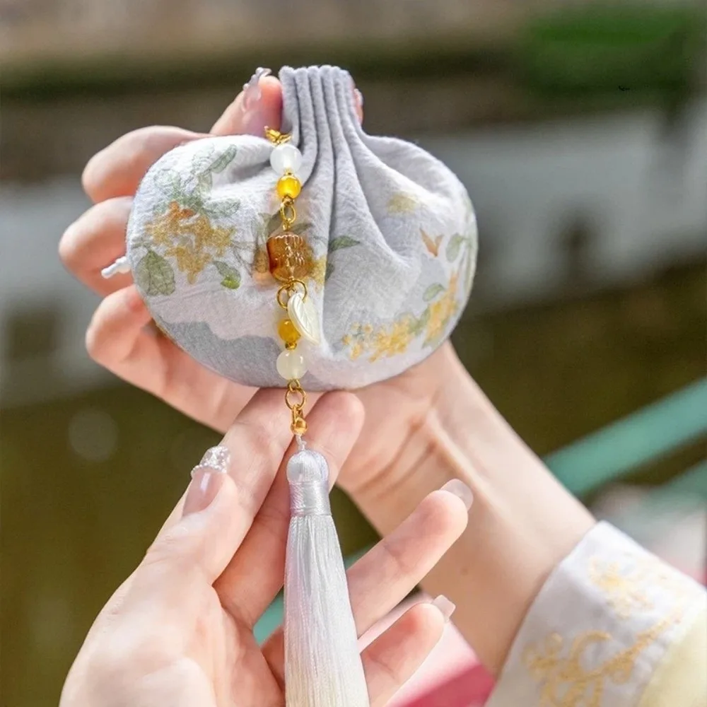 Zen Inspired Ancient Style Sachet Handmade Drawstring Closure Lotus Drawstring Bag Mini with Tassels Lotus Bag