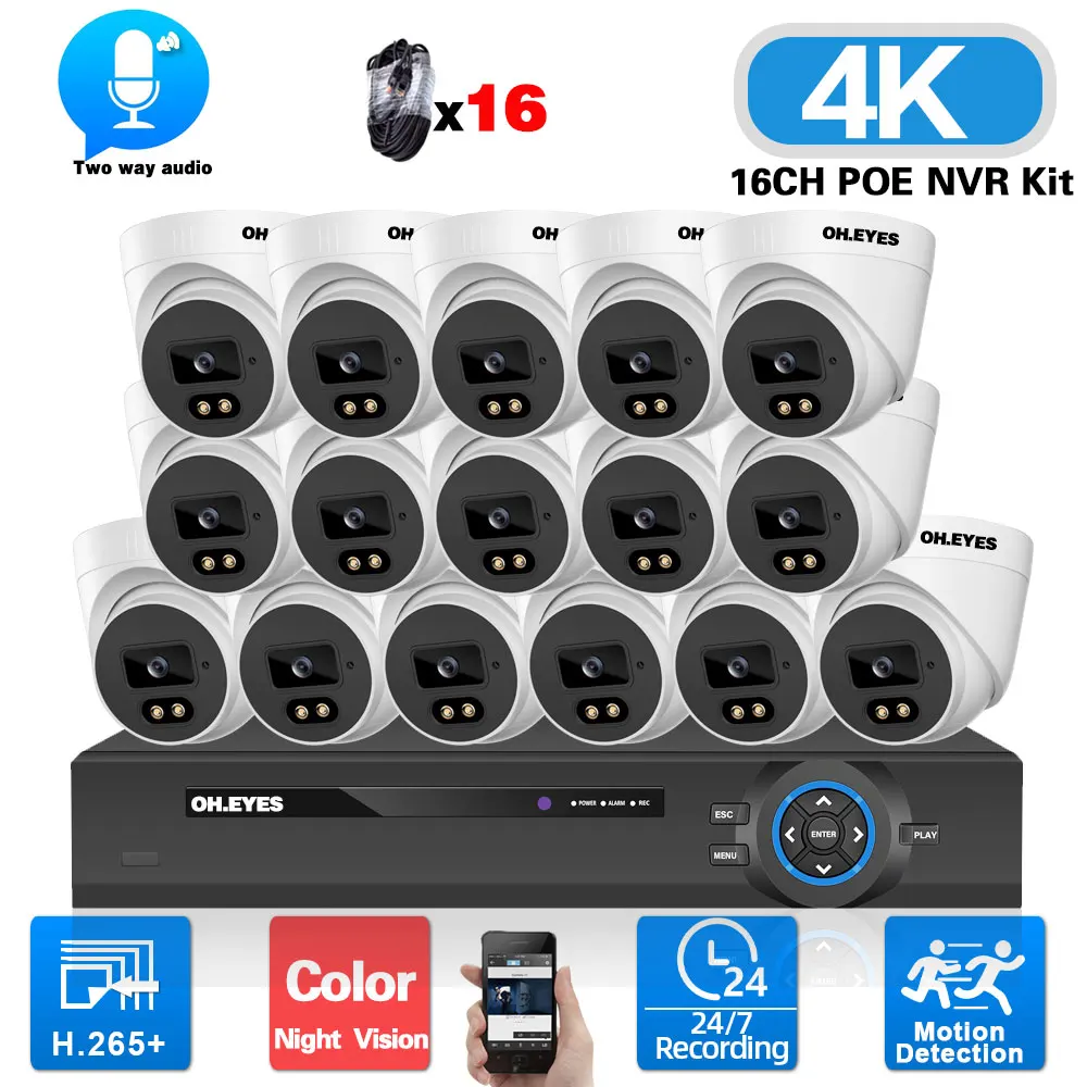 16CH 4K POE Security Camera System 8MP 16 Channel NVR Kit Color Night Vision CCTV IP Dome Camera Video Surveillance System Kit