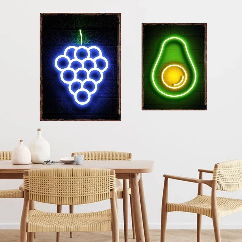 Cool Fruit Neon Signs Posters Metal Tin Sign Aesthetics Wall Decorative Plaques for Shop Home Decor Room Decoration Paintings