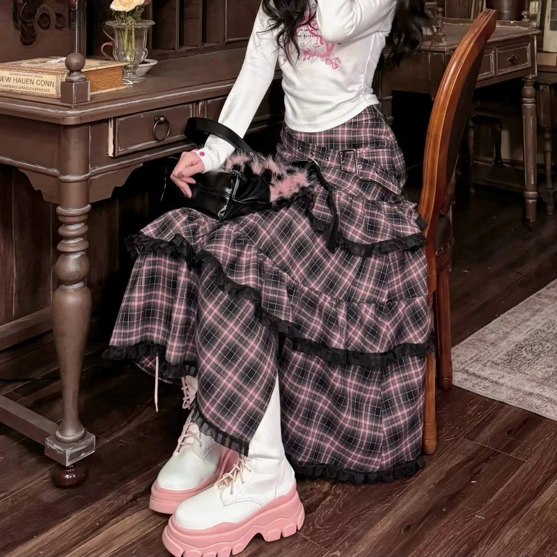 

Y2k Harajuku Plaid Skirt +sweet Tops Women Casual Ruffles Fairy Midi Skirts Korean Female A-Line Cake Skirt 2025 Fashion New