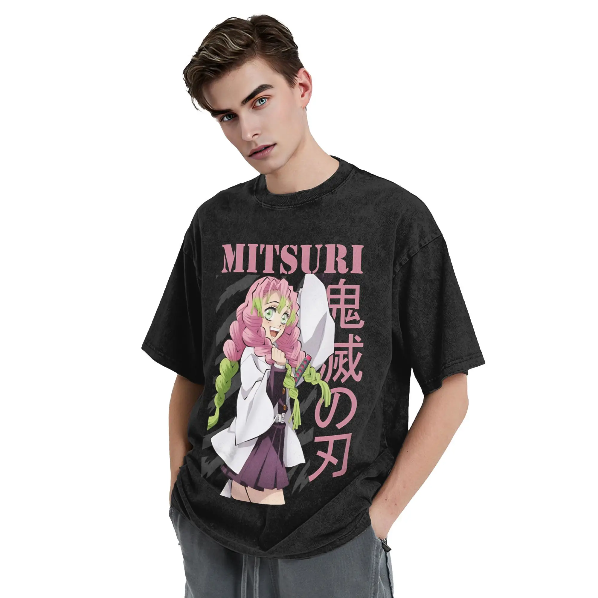Mitsuri Demon Slayer Manga camiseta Hip Hop lavado 100% algodón High Street camiseta Vintage hombres mujeres Tops ropa de calle camisetas de verano