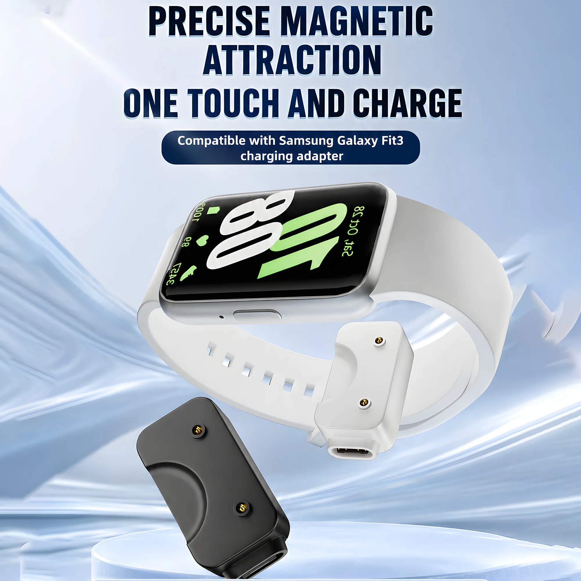 Magnetic Type-C Charging Adapter for Samsung Galaxy Fit3 500mA Portable Smart Watch Charger with Indicator Light ABS Black/White