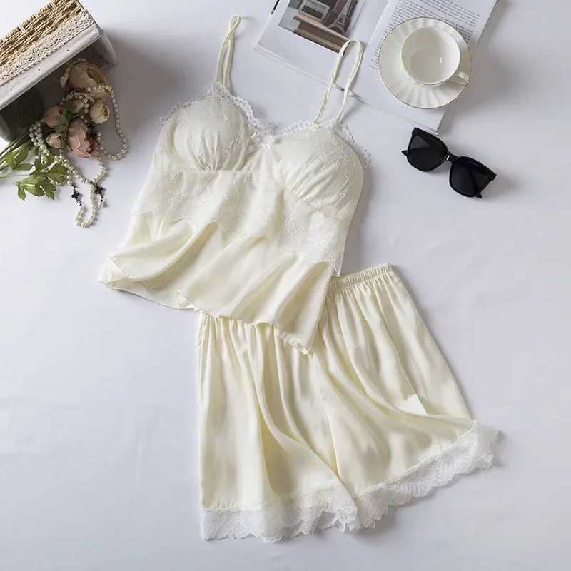 

Топ на бретельках и шорты в стиле принцессы, пижамный костюм, лето-осень, новые пижамы, сексуальное кружевное нижнее белье с цветочным принтом для женщин, мягкая ночная рубашка из ледяного шелка