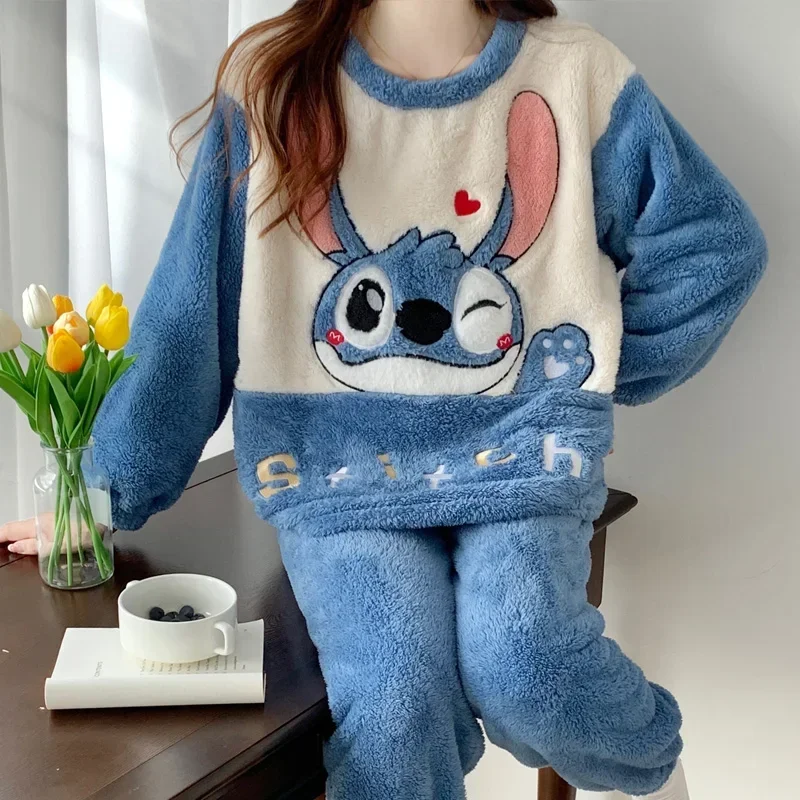 Cartoon winter flannel lapel long-sleeved trousers casual two-piece set new loungewear women's