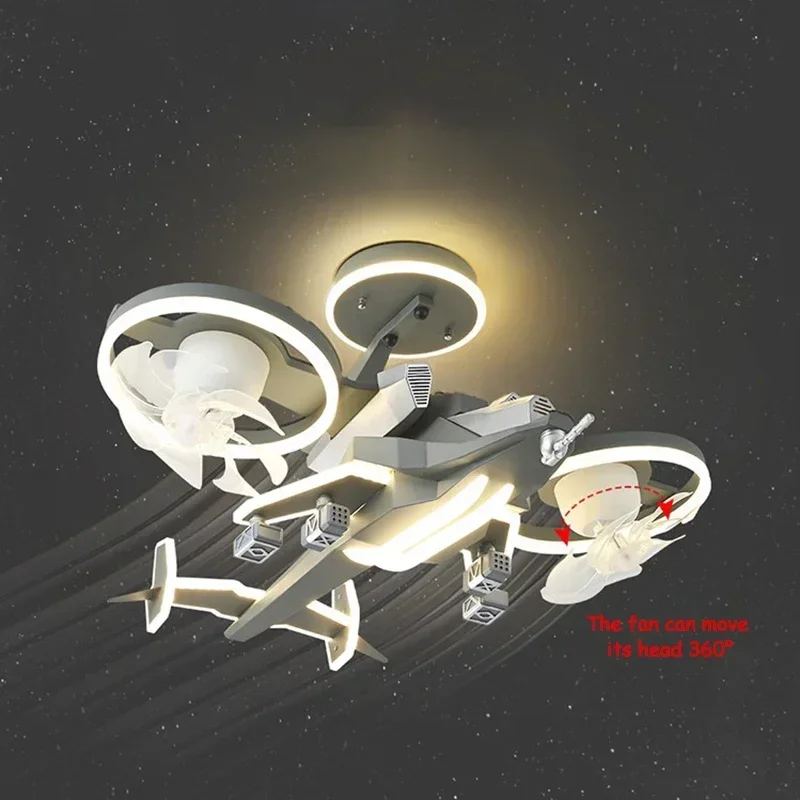 SANDYHA LED Ceiling Fan Light for Kids Room Creative Aircraft Model Remote Control Lighting Fighter Bedroom Decorative Ceiling