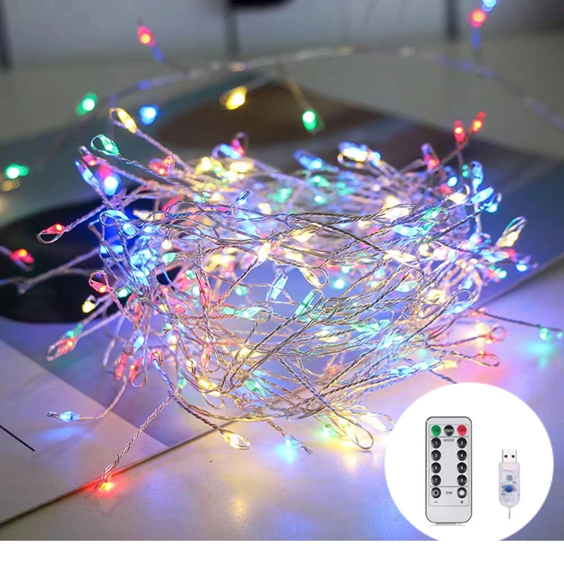 LED Light String USB Silver Wire Firecracker String Copper Garland 8 Function Remote Indoor And Outdoor Decorative Lights