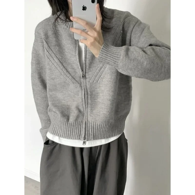 Cardigã de zíper cinza feminino, estilo coreano, suéter curto de malha, jumper casual, estética Harajuku, moda vintage, outono, novo