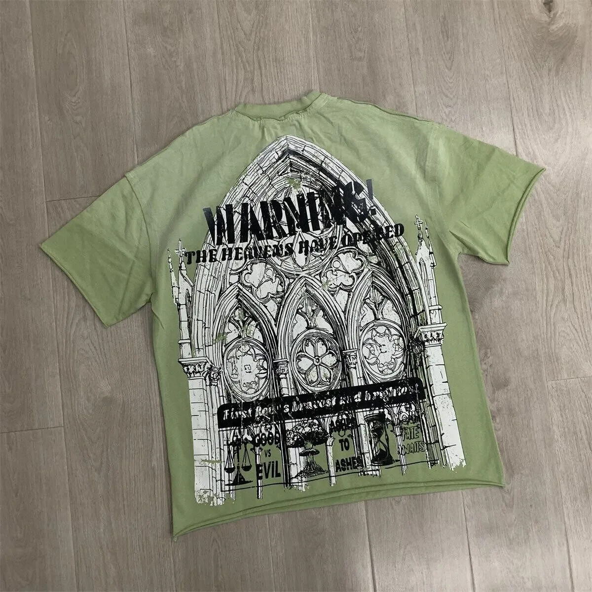 First Row Retro Street Style Vintage Printed T-Shirt with Loose Stamped Beads Washed and Weathered Round Neck Short Sleeve