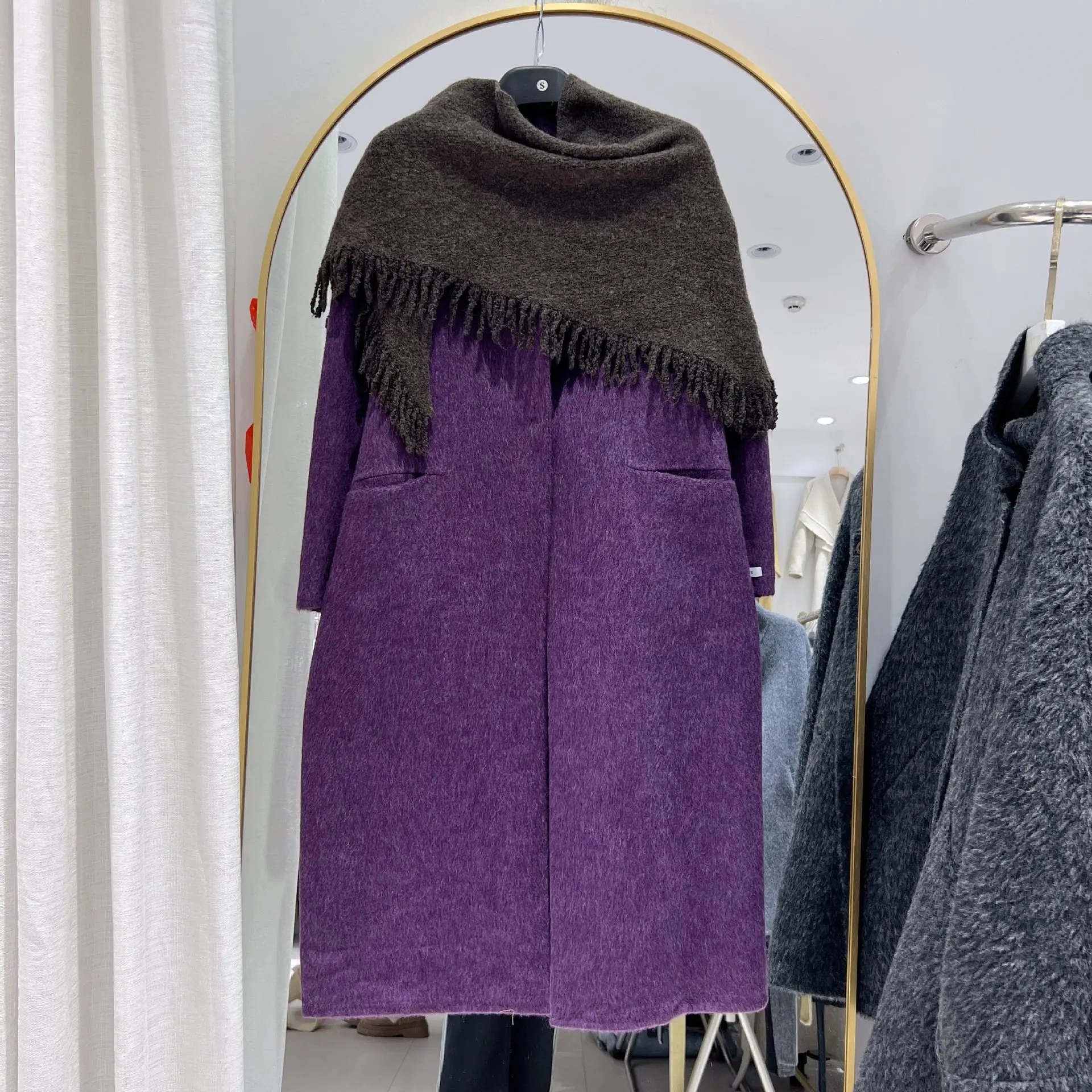 

Женское длинное двустороннее кашемировое пальто с отделкой кисточками, круглым воротником, верхняя одежда из смесовой шерсти, шерстяное пальто + съемный шарф для женщин