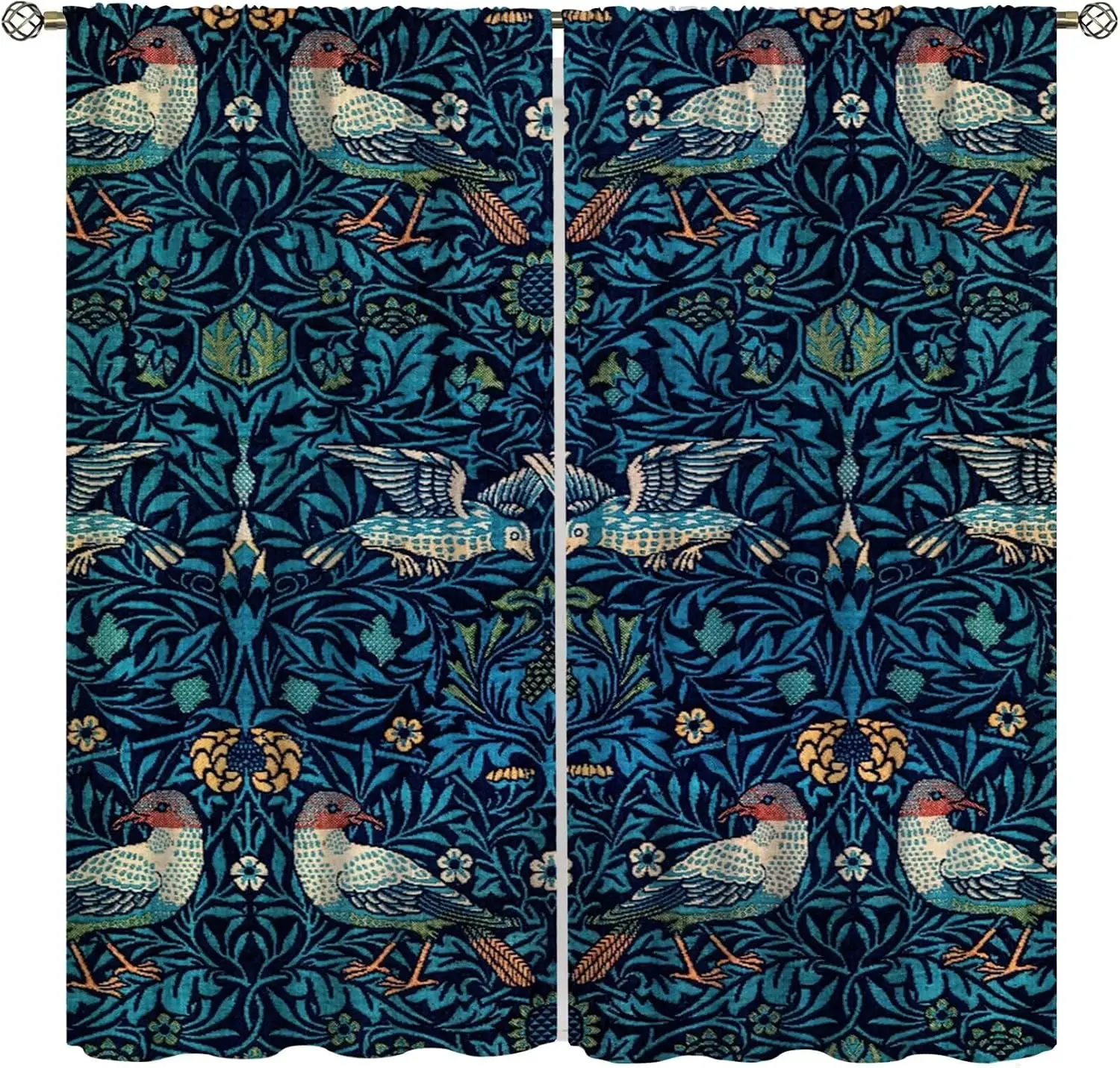 Vintage Bird Foliage Curtain Panels, Cool Teal Twig Flower Elegant European Art Pattern Drapes For Study Room Decor