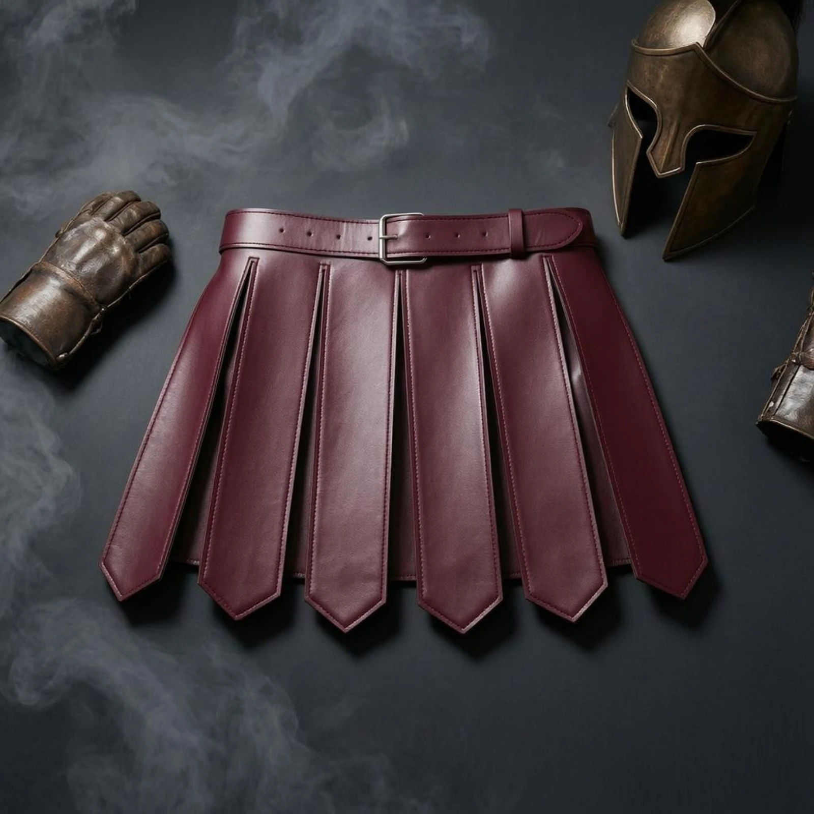 PU Leather Gladiator Kilt Stitched Edging Faux Leather Protective Skirt Gladiator Waist Skirt Metal Buckle Costume Clothing