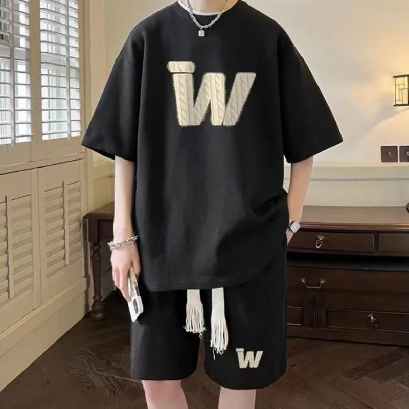 

Trendy Sportswear Hong Kong Style Men Summer Waffle Short Sleeve T Shirt Shorts Two Piece Set Teen Cool