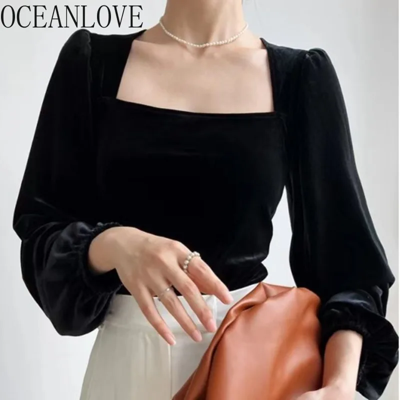 OCEANLOVE Velvet Puff Sleeve Blouses Women Tops Square Neck Vintage Elegant Blusas Mujer Solid Korean Fashion Chic Shirts