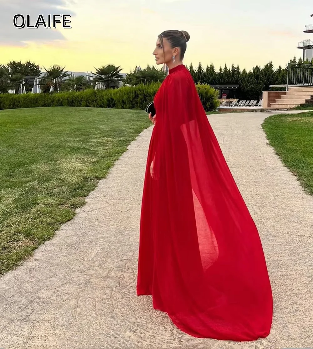 Cape A-line Chiffon Long Prom Dress Luxury Evening Dress High-neck Customized Special Occasions Dress vestidos de fiesta