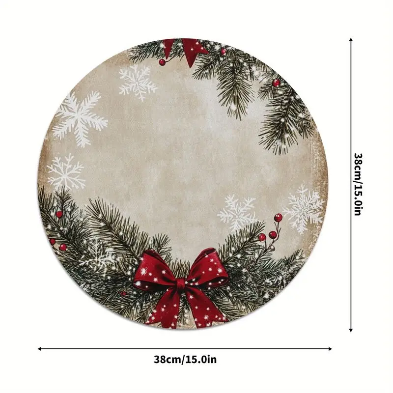 VIKAMA Evergreen Branch Ribbon Flake Round Placemat Cream Base Conifer Red Bow White Snow Ornament Berry Xmas Table Mat Soft