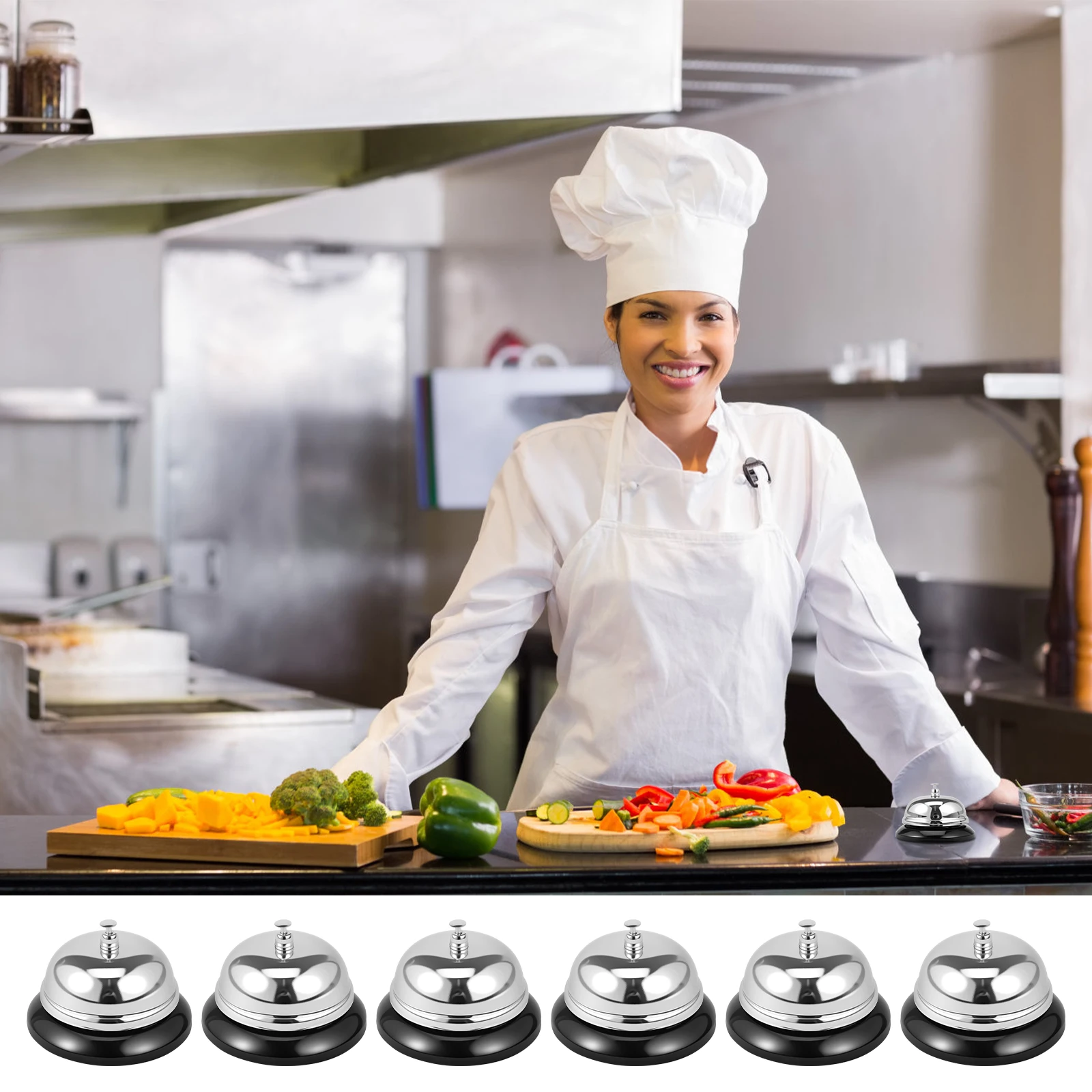 Campana de llamada de 6 uds., campana de servicio de acero inoxidable con Base redonda, anillo de servicio de cena con sonido claro para el hogar, cocina, restaurante, Bar y cafetería