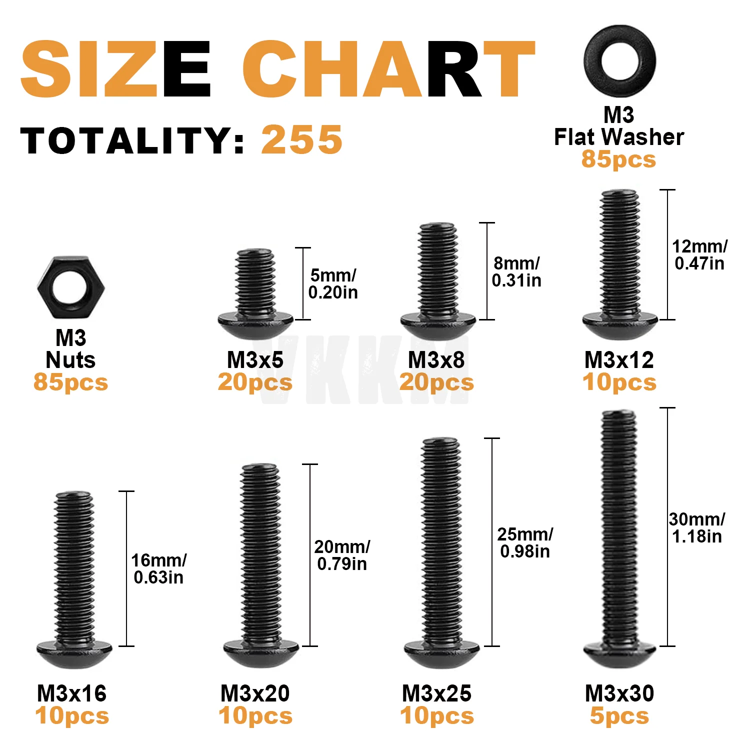 255pcs M3 carbon steel half round head hex bolts, M3x (5/8/12/16/20/25/30mm) half round head hex bolts, nuts and washers, with h