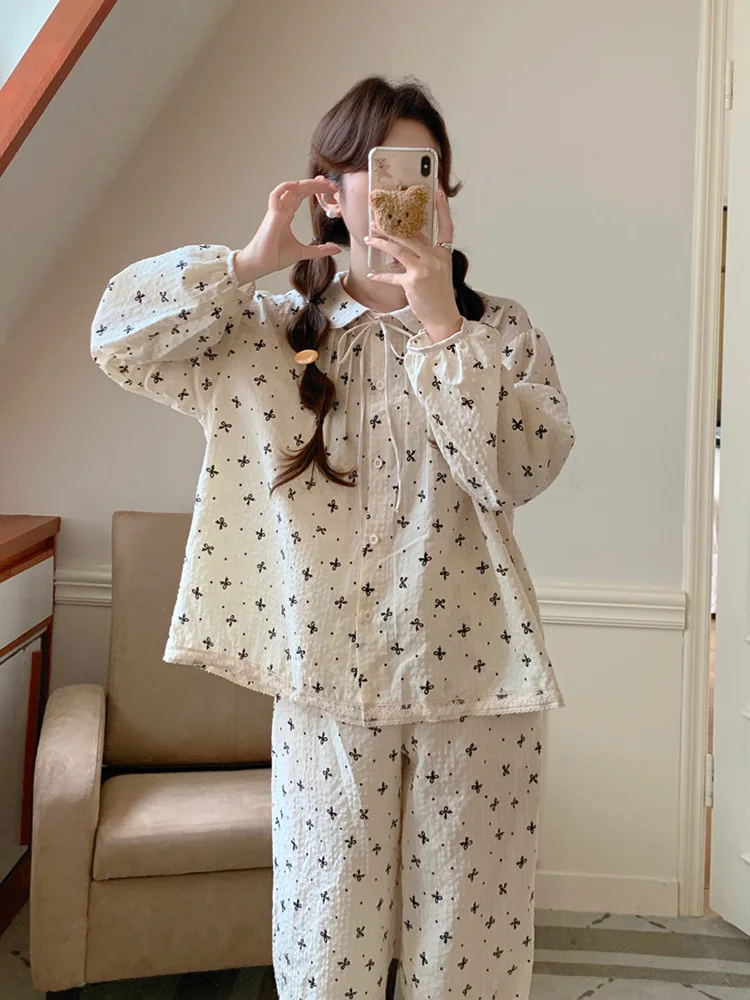 New Winter Cute Print Girlish Style Vintage Loose Long Sleeve Pajama Set Women Lace Elegant Casual  Comfortable Lazy Sleep Tops