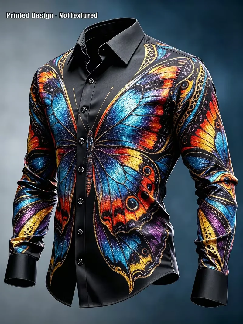 New Wine Red Base with Gold Guitar Note Print Shirt, Trendy Rock Music Style Slim Fit Long Sleeve Men's Shirt
