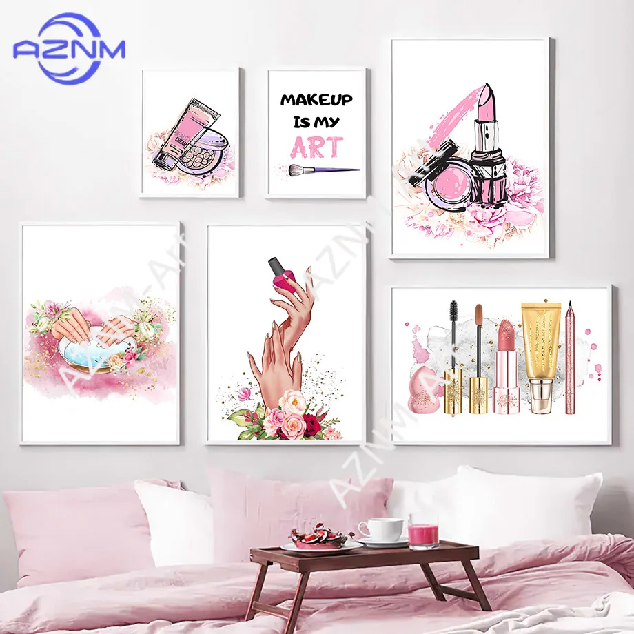 Nail Salon Nordic Posters And Prints Nail Polish Wall Art Mural Makeup Tools Lipstick Manicure Canvas Painting Beauty Room Decor